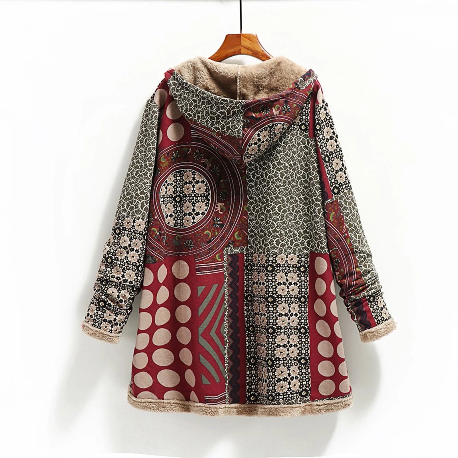 Fall Winter Fleece Jacket for Women Cotton and Linen Vintage Ethnic Printed Long Sleeve Hooded Pocket plus Velvet Casual Buttons Warm Outwear Coat #A01-Red XXL