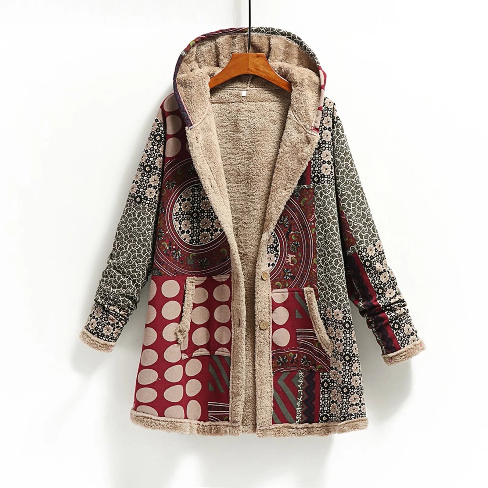 Fall Winter Fleece Jacket for Women Cotton and Linen Vintage Ethnic Printed Long Sleeve Hooded Pocket plus Velvet Casual Buttons Warm Outwear Coat #A01-Red XXL