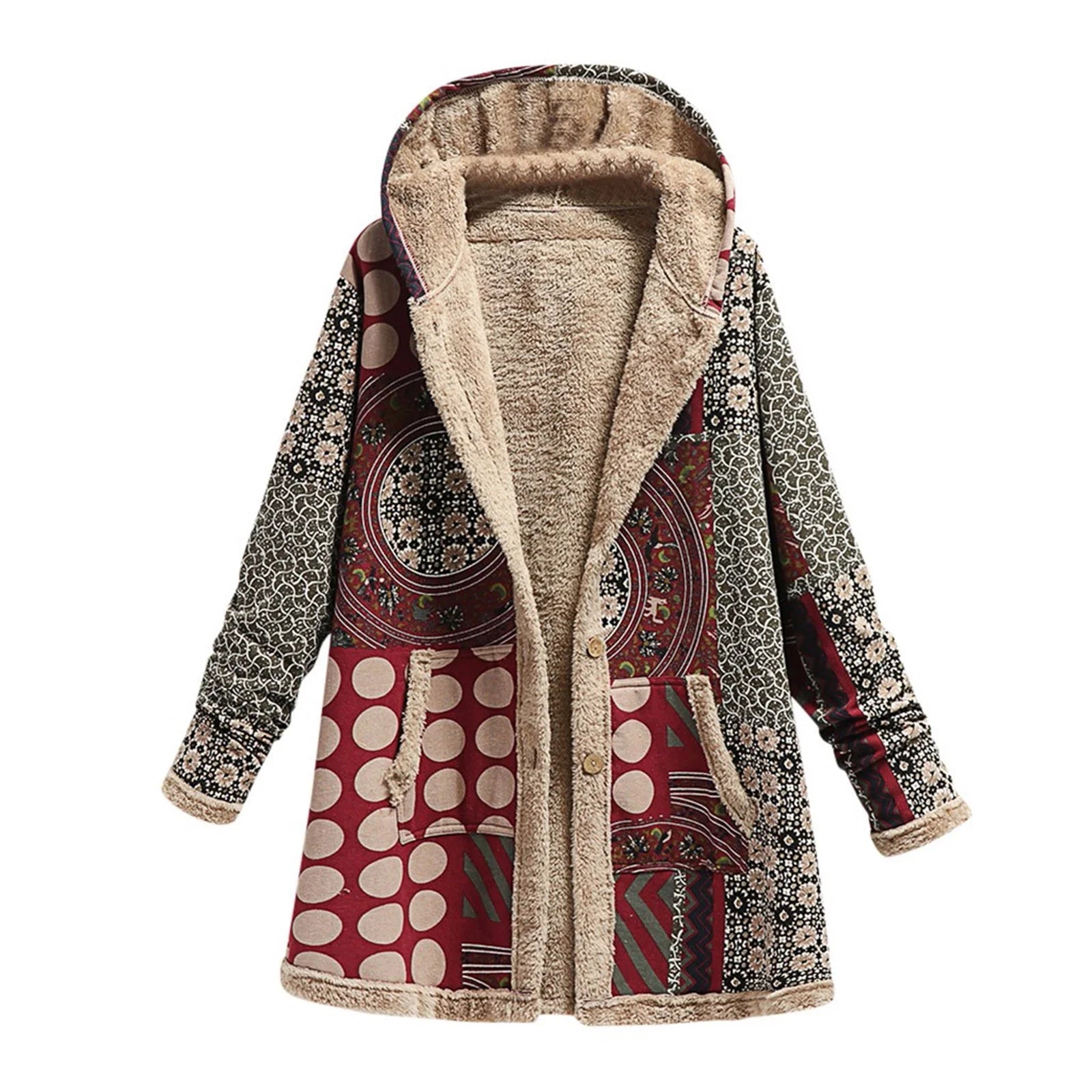 Fall Winter Fleece Jacket for Women Cotton and Linen Vintage Ethnic Printed Long Sleeve Hooded Pocket plus Velvet Casual Buttons Warm Outwear Coat #A01-Red XXL