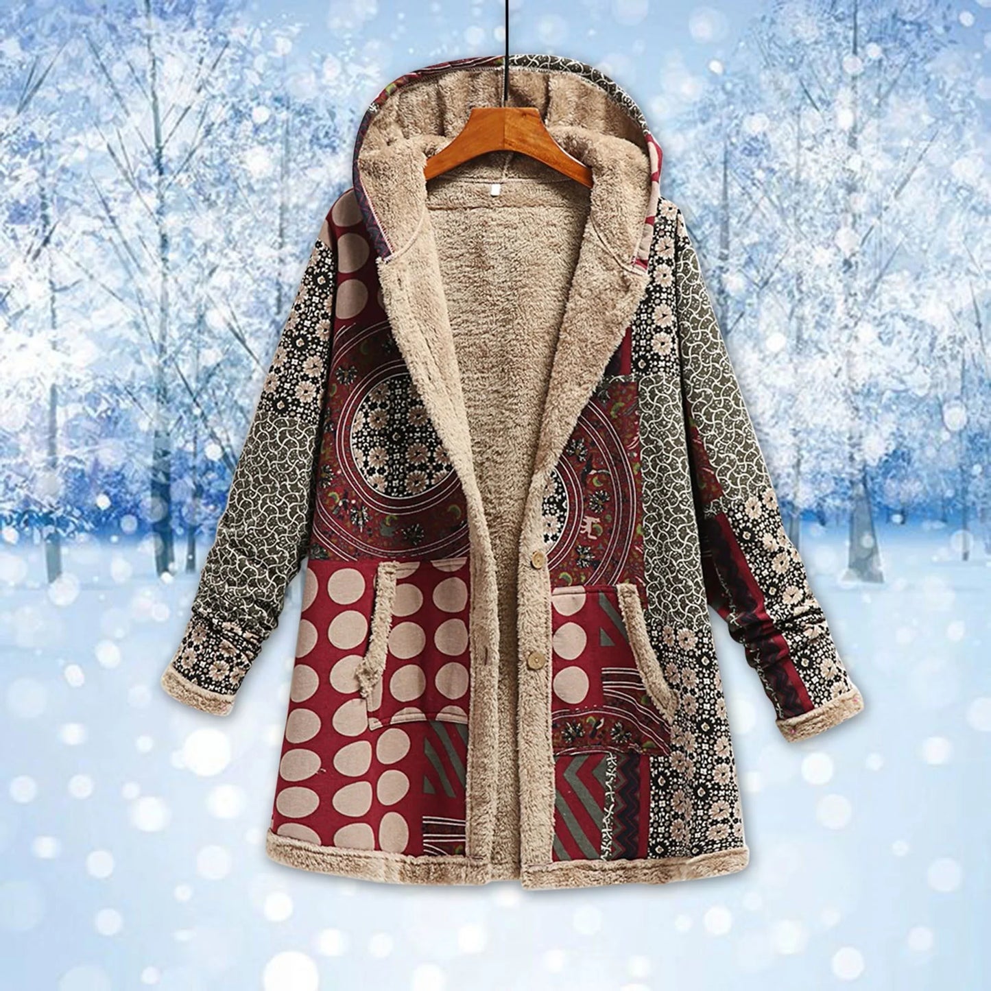 Fall Winter Fleece Jacket for Women Cotton and Linen Vintage Ethnic Printed Long Sleeve Hooded Pocket plus Velvet Casual Buttons Warm Outwear Coat #A01-Red XXL